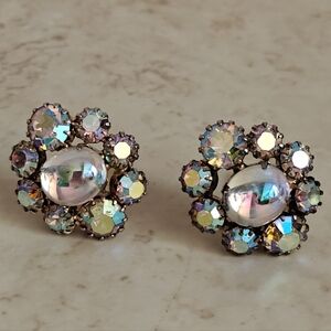 Vintage Signed Continental Iridescent Cabochon & Champagne Crystals Earrings
